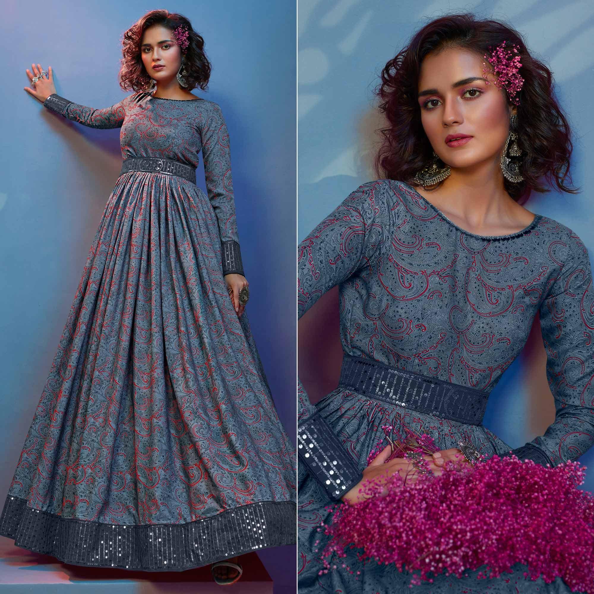 Grey Printed With Sequence Pure Silk Anarkali Style Gown - Peachmode