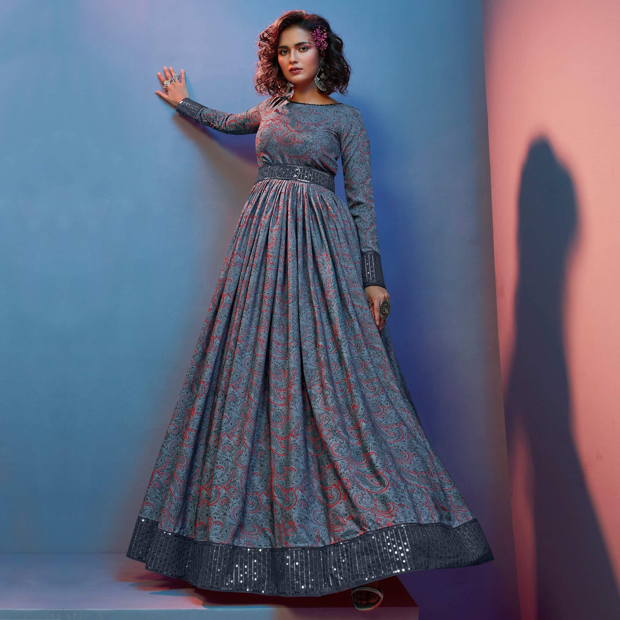 Grey Printed With Sequence Pure Silk Anarkali Style Gown - Peachmode