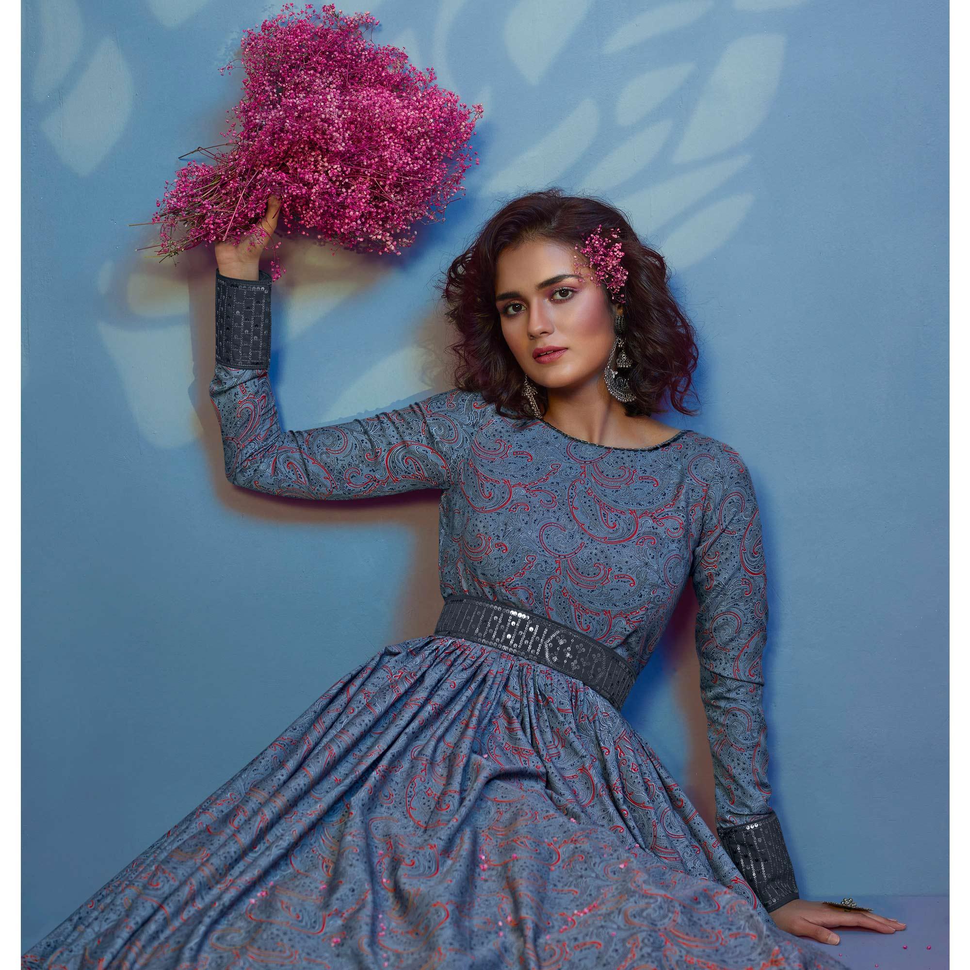 Grey Printed With Sequence Pure Silk Anarkali Style Gown - Peachmode