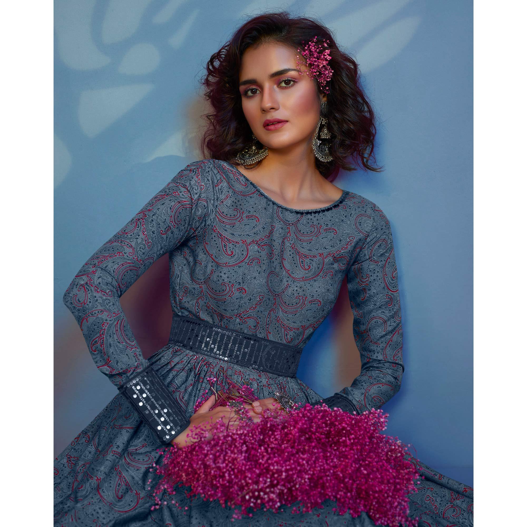 Grey Printed With Sequence Pure Silk Anarkali Style Gown - Peachmode