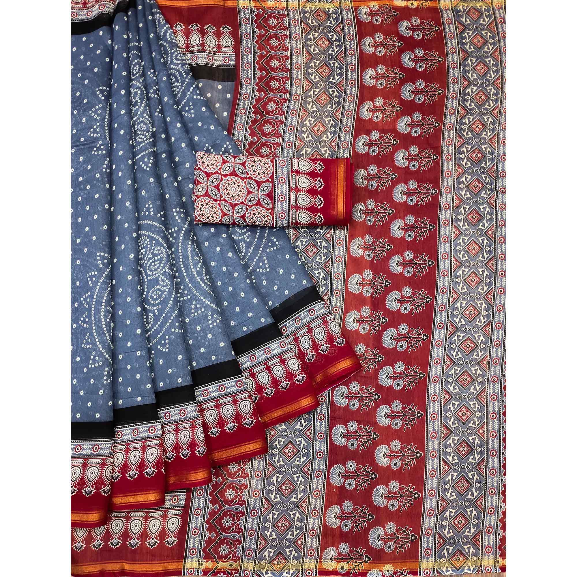 Grey-Red Bandhani Printed Poly Cotton Saree - Peachmode