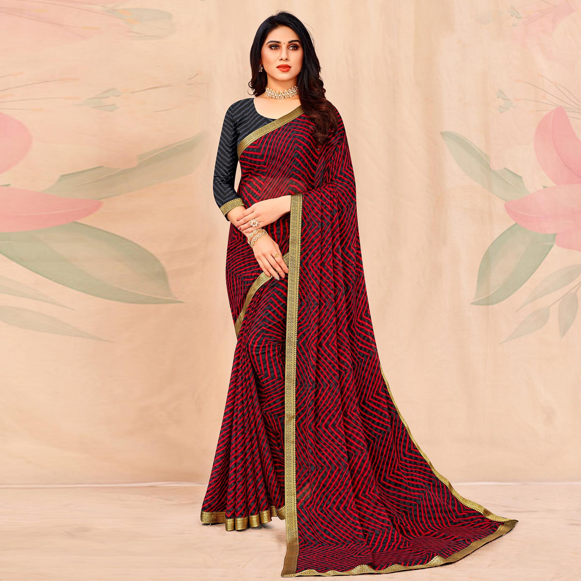 Grey-Red Geometric Printed Chiffon Saree - Peachmode