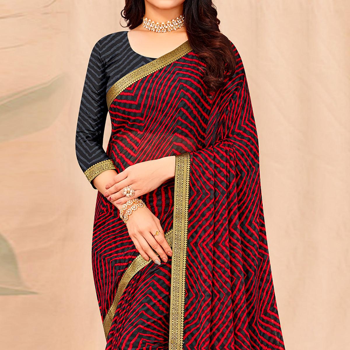 Grey-Red Geometric Printed Chiffon Saree - Peachmode
