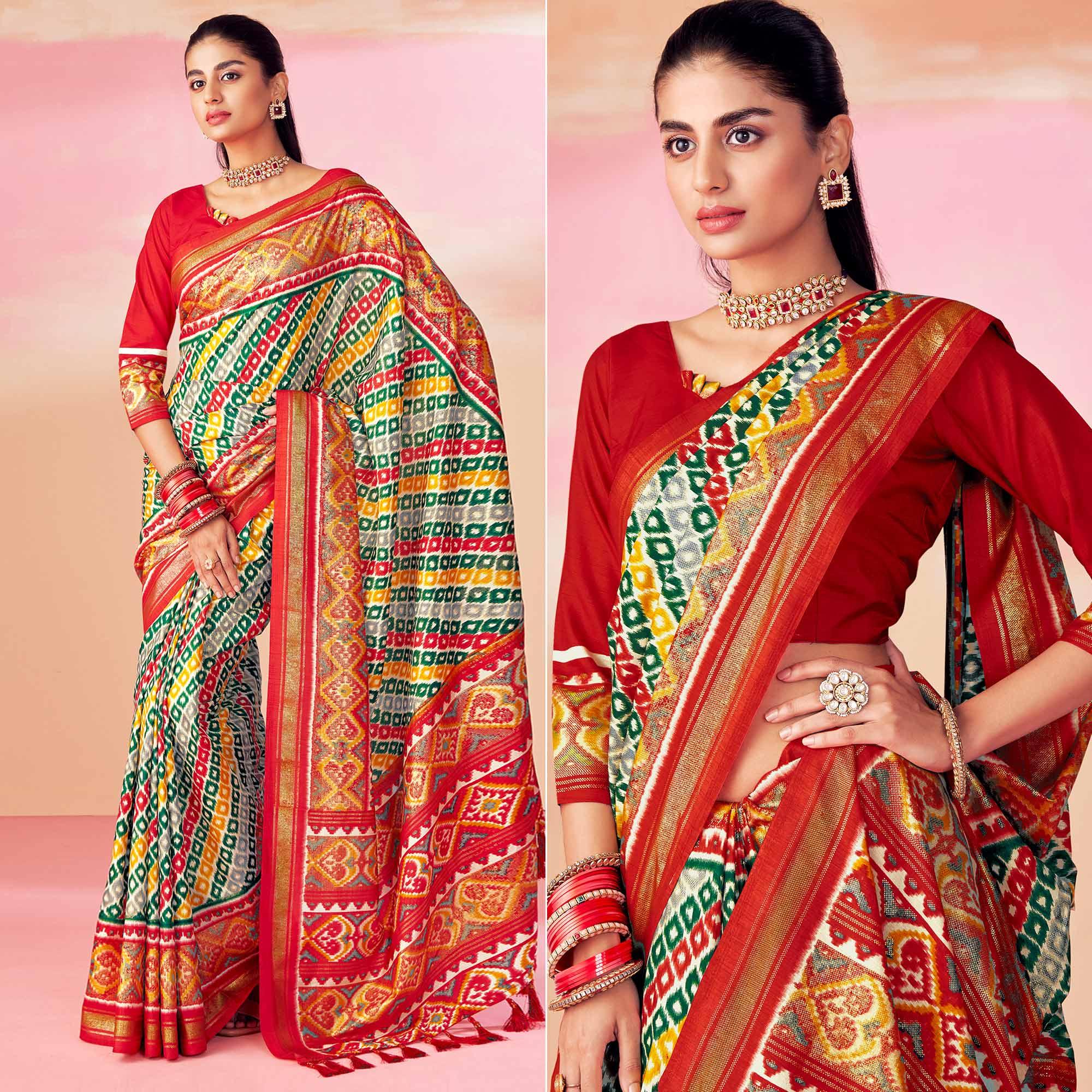Grey-Red Patola Printed Art Silk Saree With Tassels - Peachmode