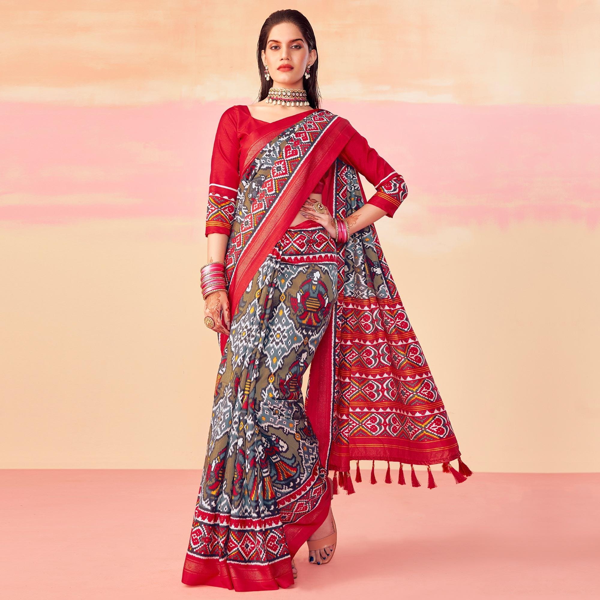 Grey-Red Patola Printed Art Silk Saree With Tassels - Peachmode