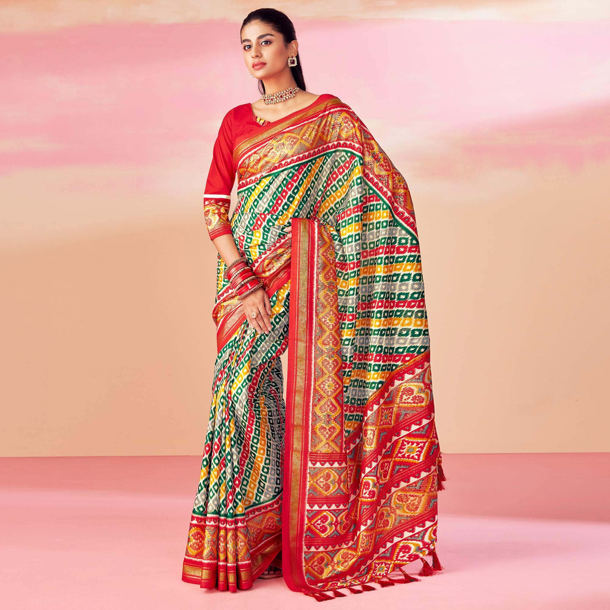 Grey-Red Patola Printed Art Silk Saree With Tassels - Peachmode