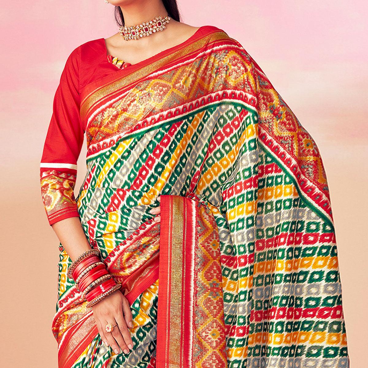 Grey-Red Patola Printed Art Silk Saree With Tassels - Peachmode