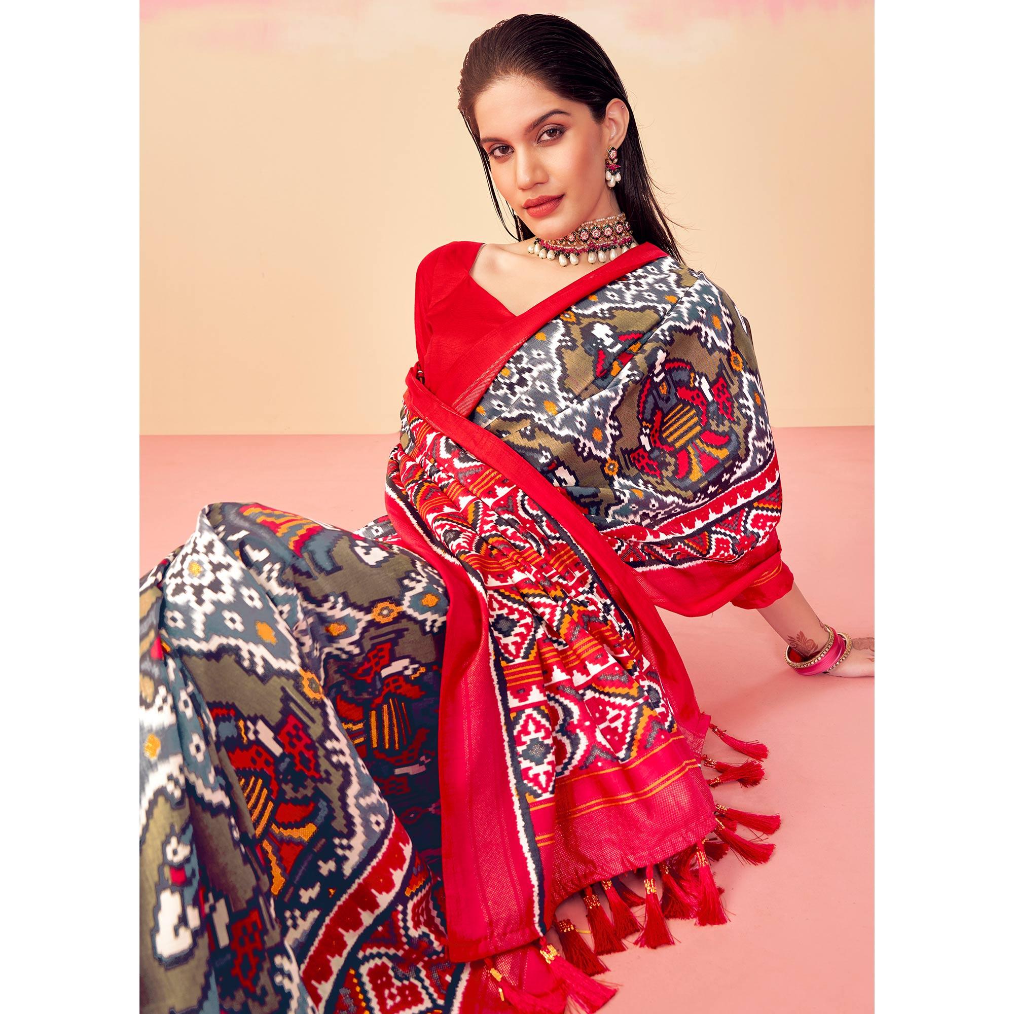 Grey-Red Patola Printed Art Silk Saree With Tassels - Peachmode