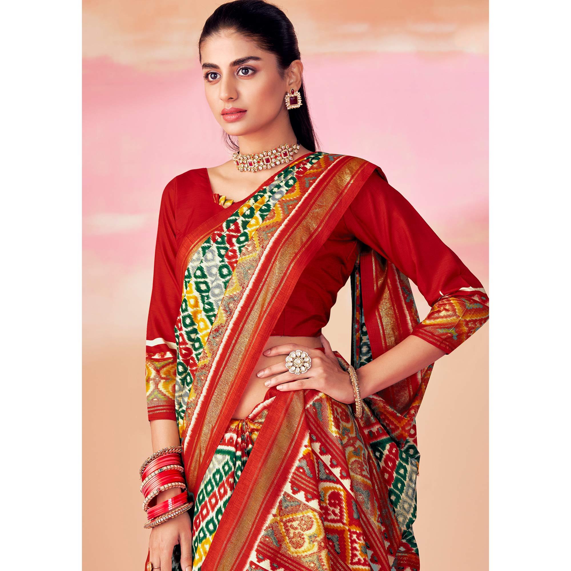 Grey-Red Patola Printed Art Silk Saree With Tassels - Peachmode