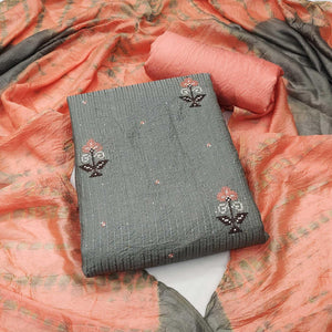 Grey Sequence Embroidered Chanderi Dress Material - Peachmode