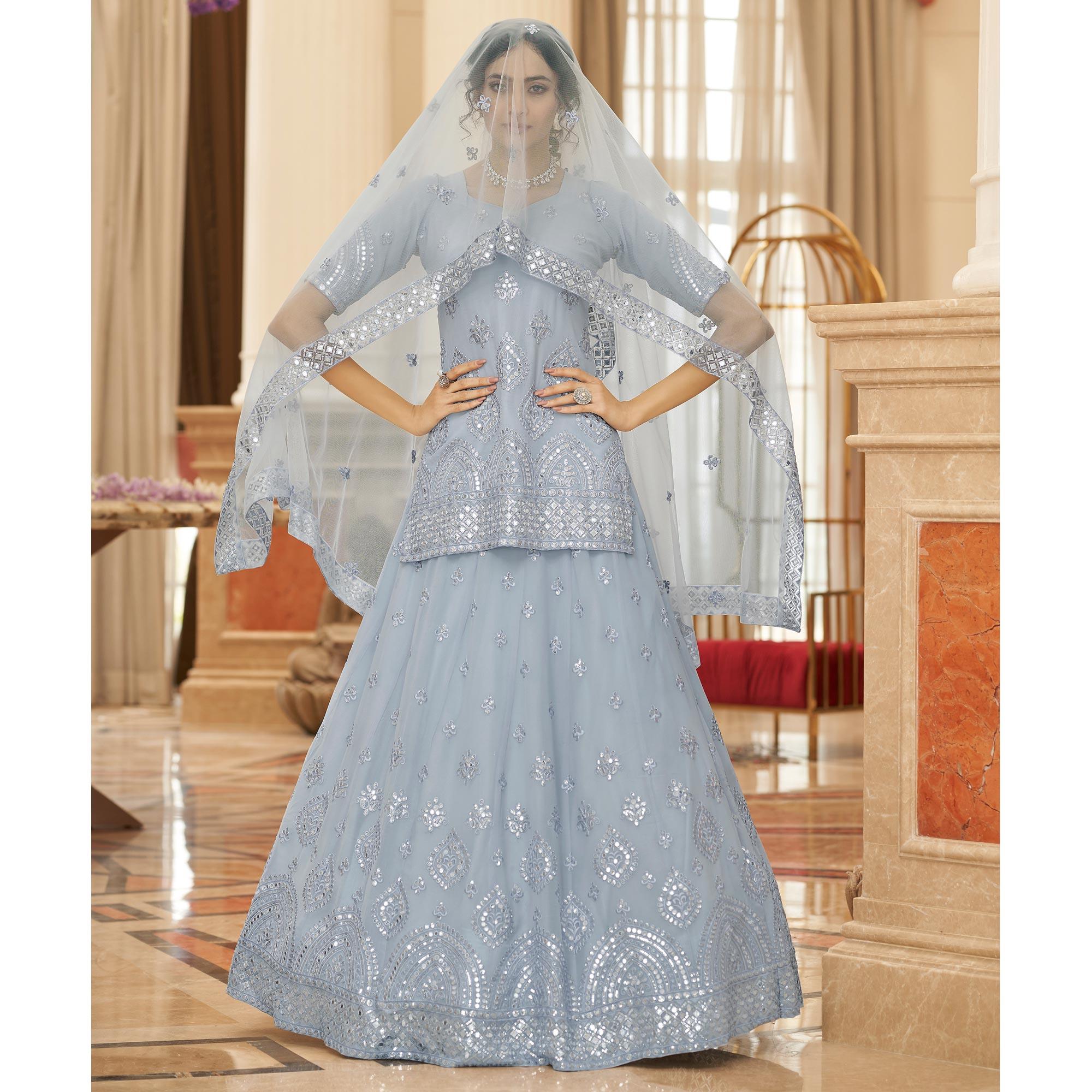 Grey Sequence Embroidered Chiffon Lehenga Choli - Peachmode
