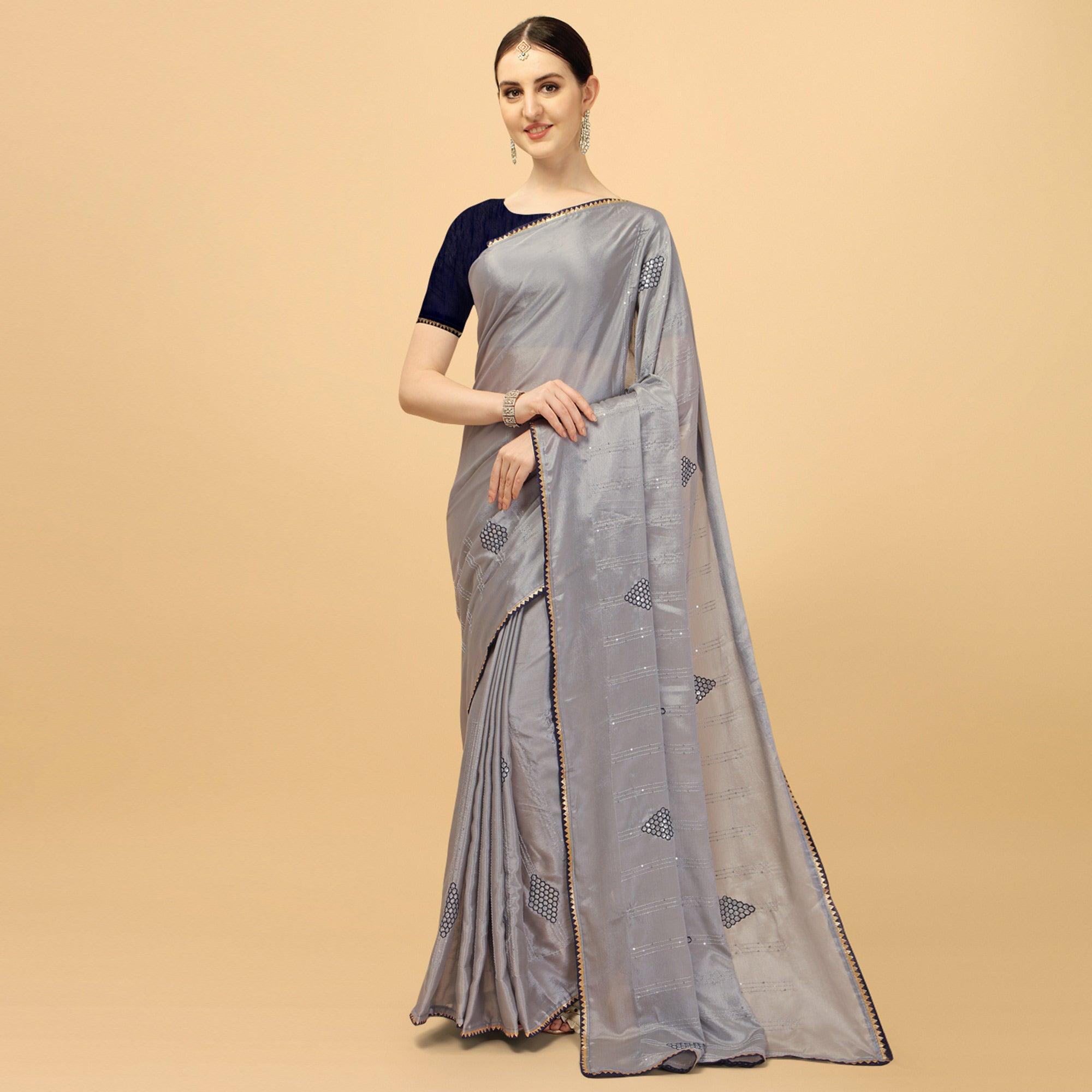Grey Sequence Embroidered Chiffon Saree - Peachmode