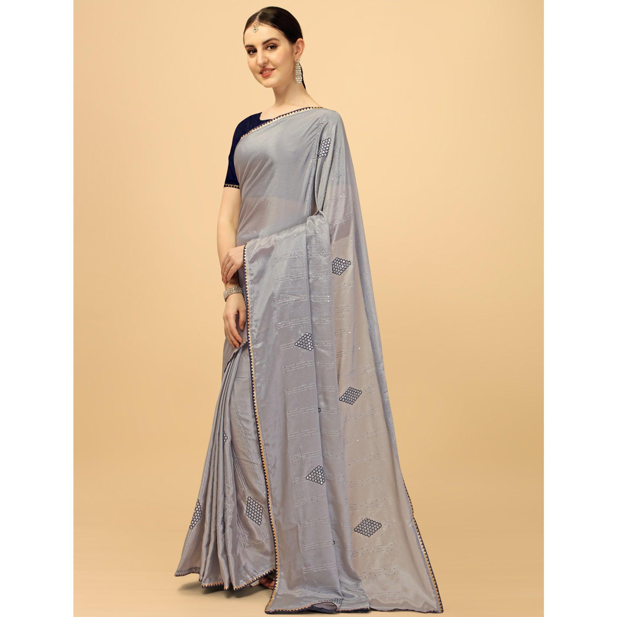 Grey Sequence Embroidered Chiffon Saree - Peachmode