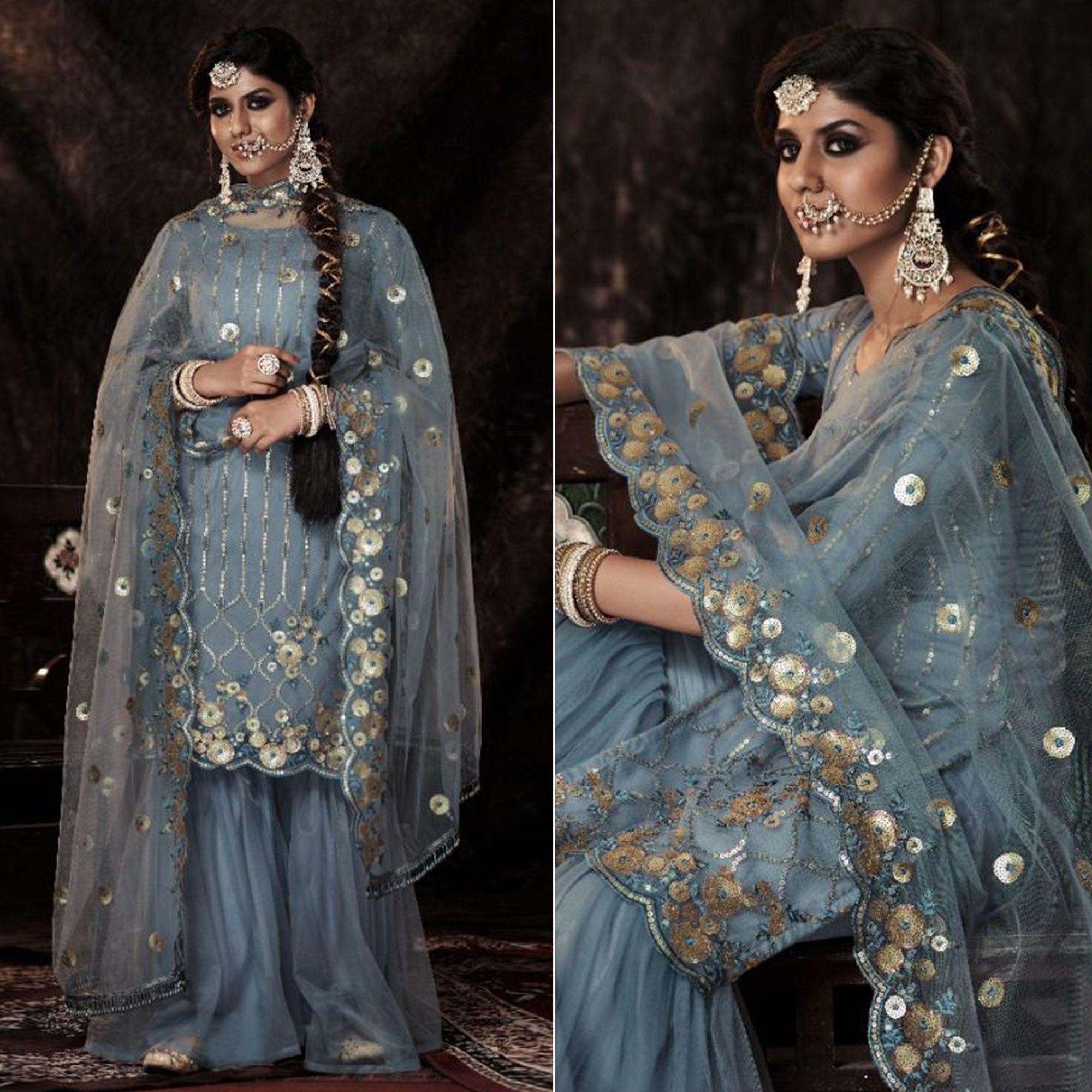 Grey Sequence Embroidered Netted Palazzo Suit - Peachmode