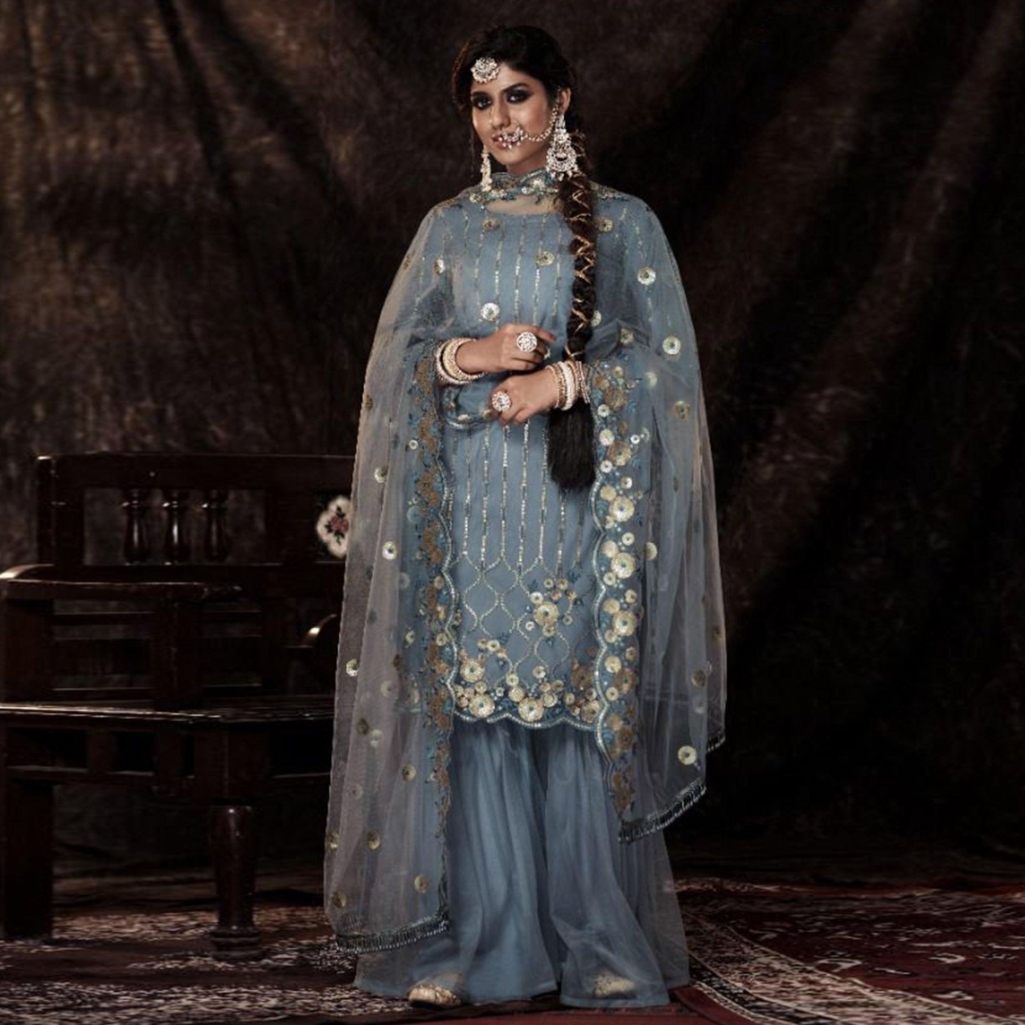 Grey Sequence Embroidered Netted Palazzo Suit - Peachmode