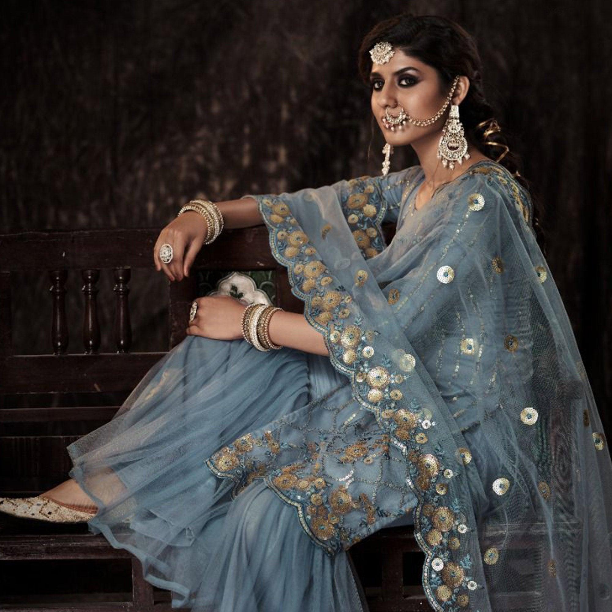 Grey Sequence Embroidered Netted Palazzo Suit - Peachmode