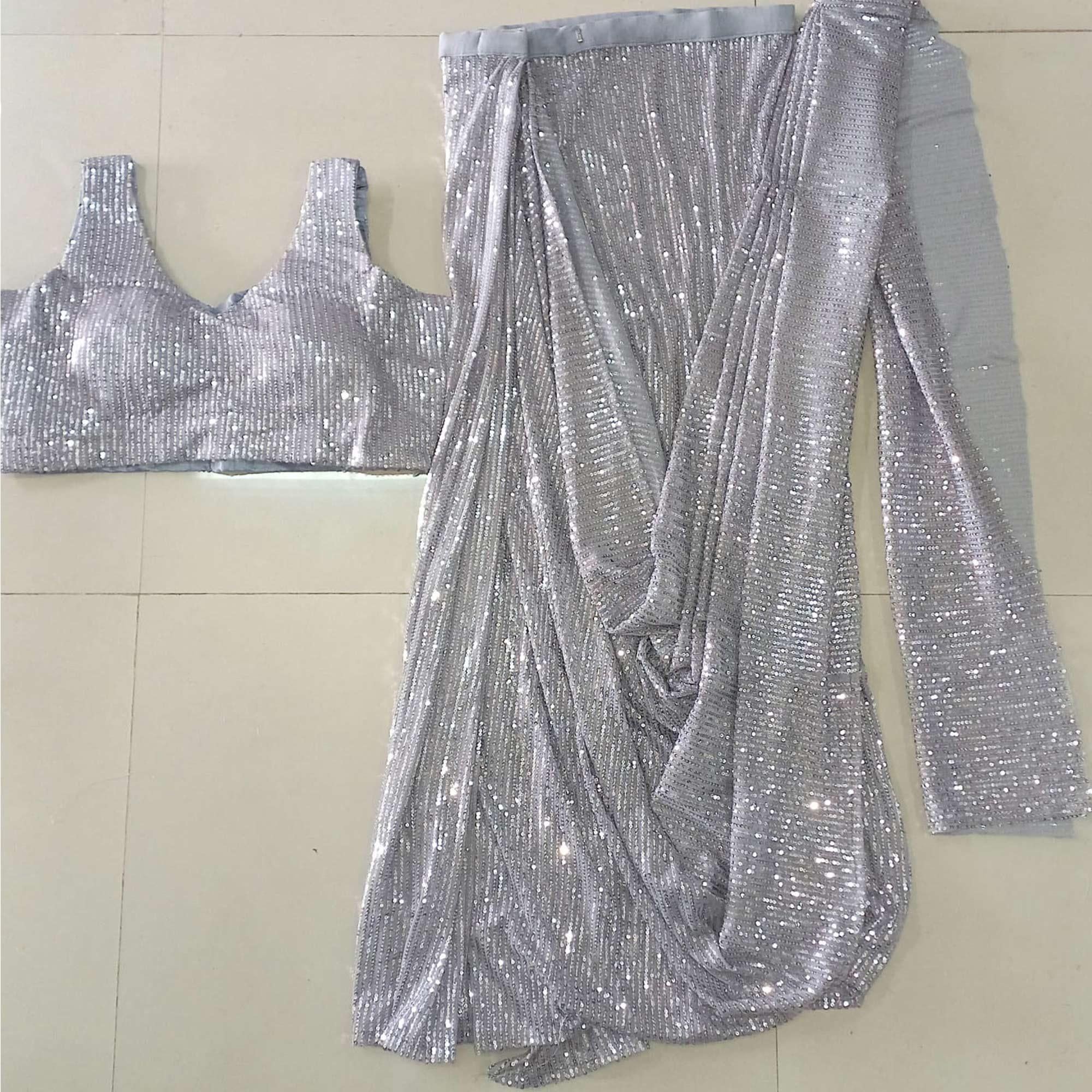 Grey Sequence Embroidered Netted Stitched Saree - Peachmode