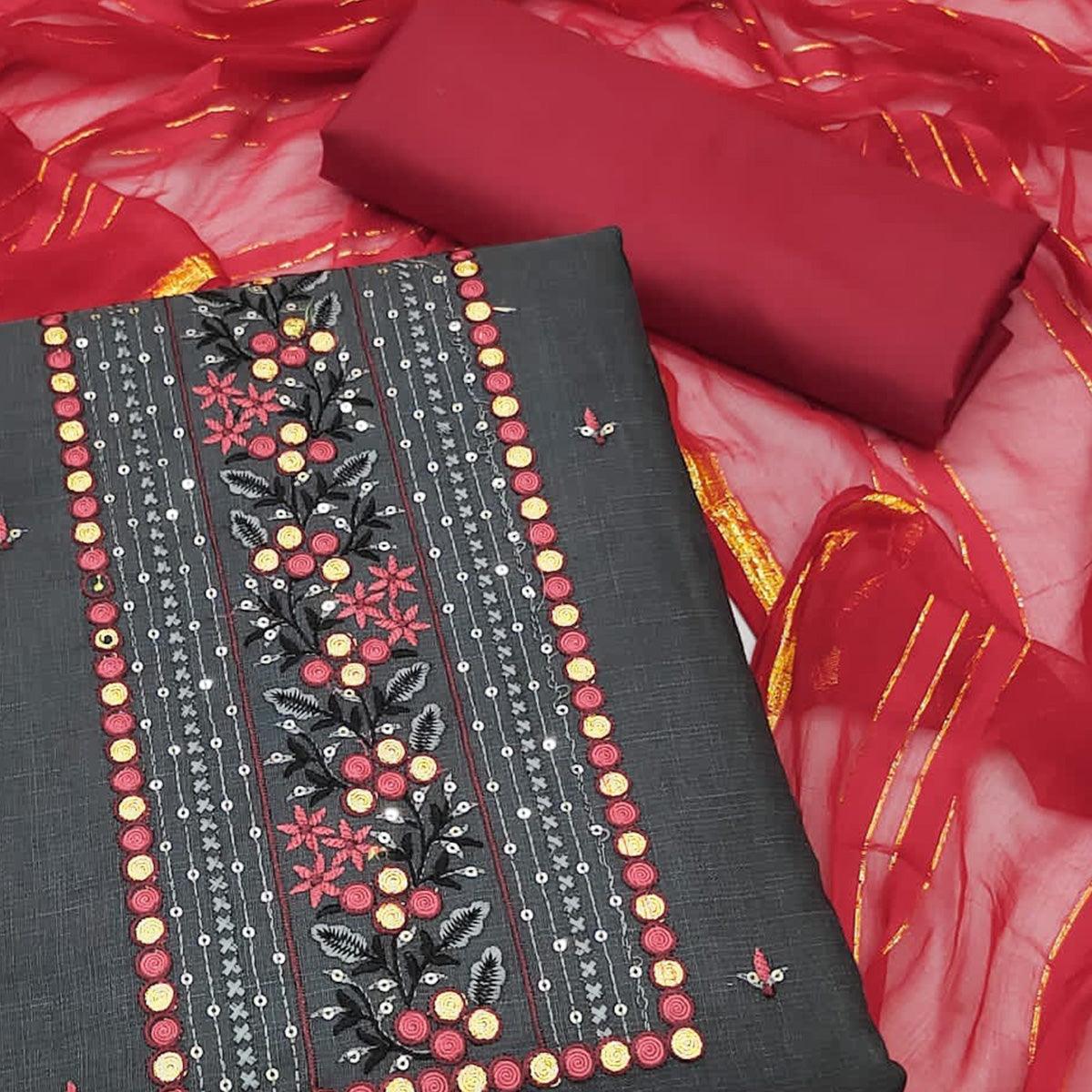 Grey Sequence Embroidered Poly Cotton Dress Material - Peachmode