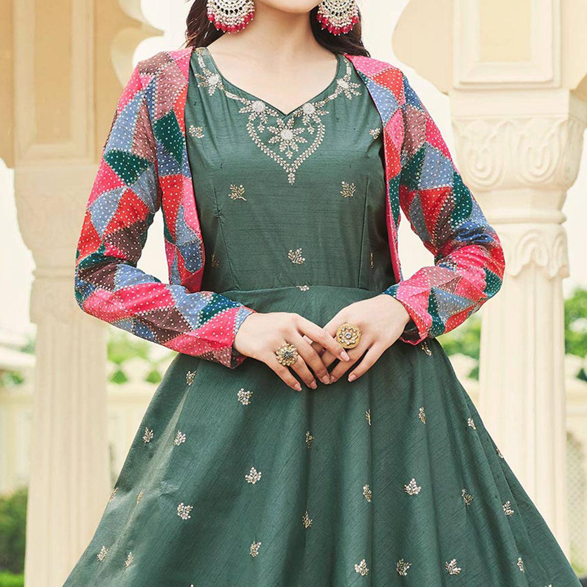 Grey Sequence Embroidered Pure Cotton Gown With Koti - Peachmode