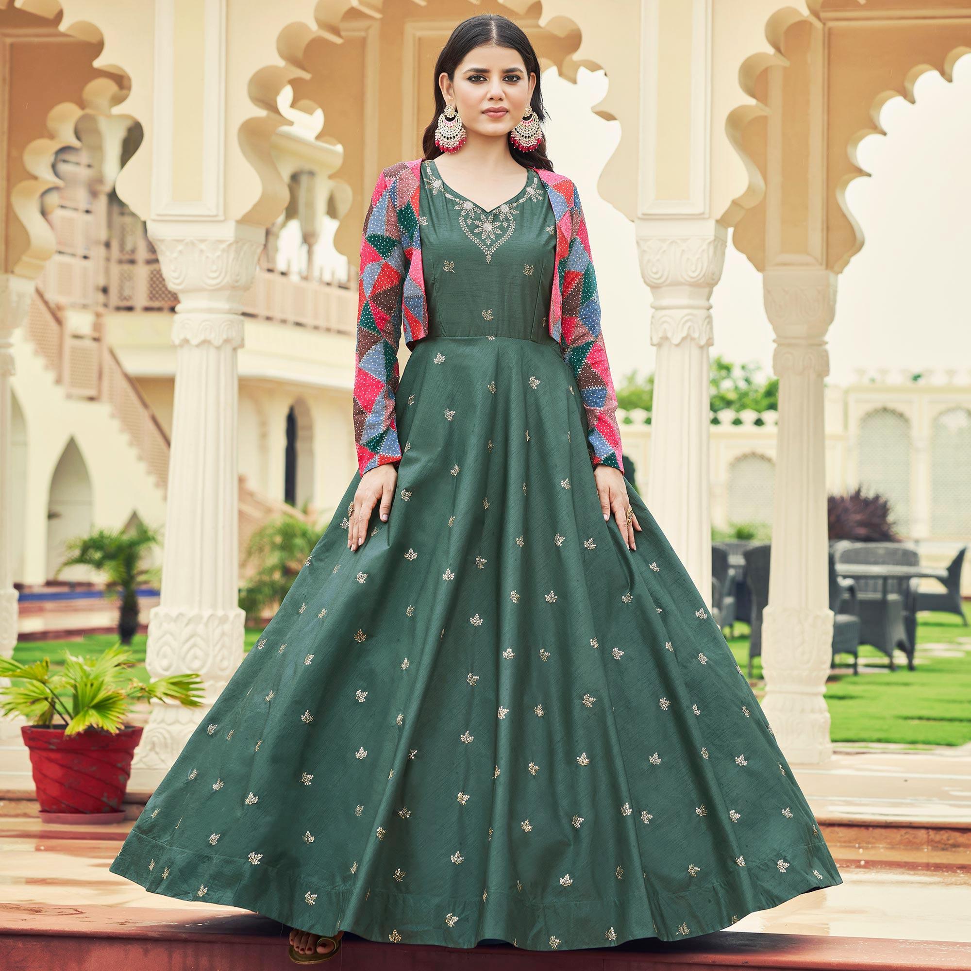 Grey Sequence Embroidered Pure Cotton Gown With Koti - Peachmode