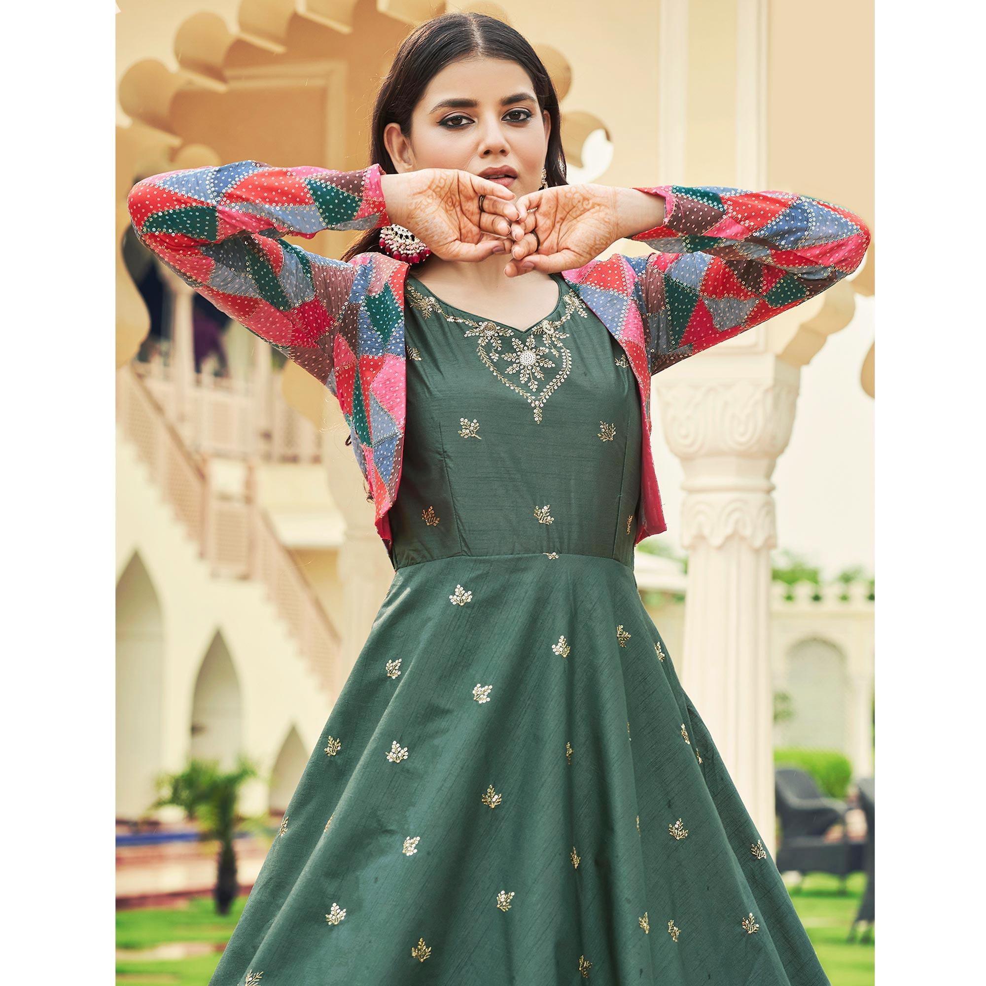 Grey Sequence Embroidered Pure Cotton Gown With Koti - Peachmode