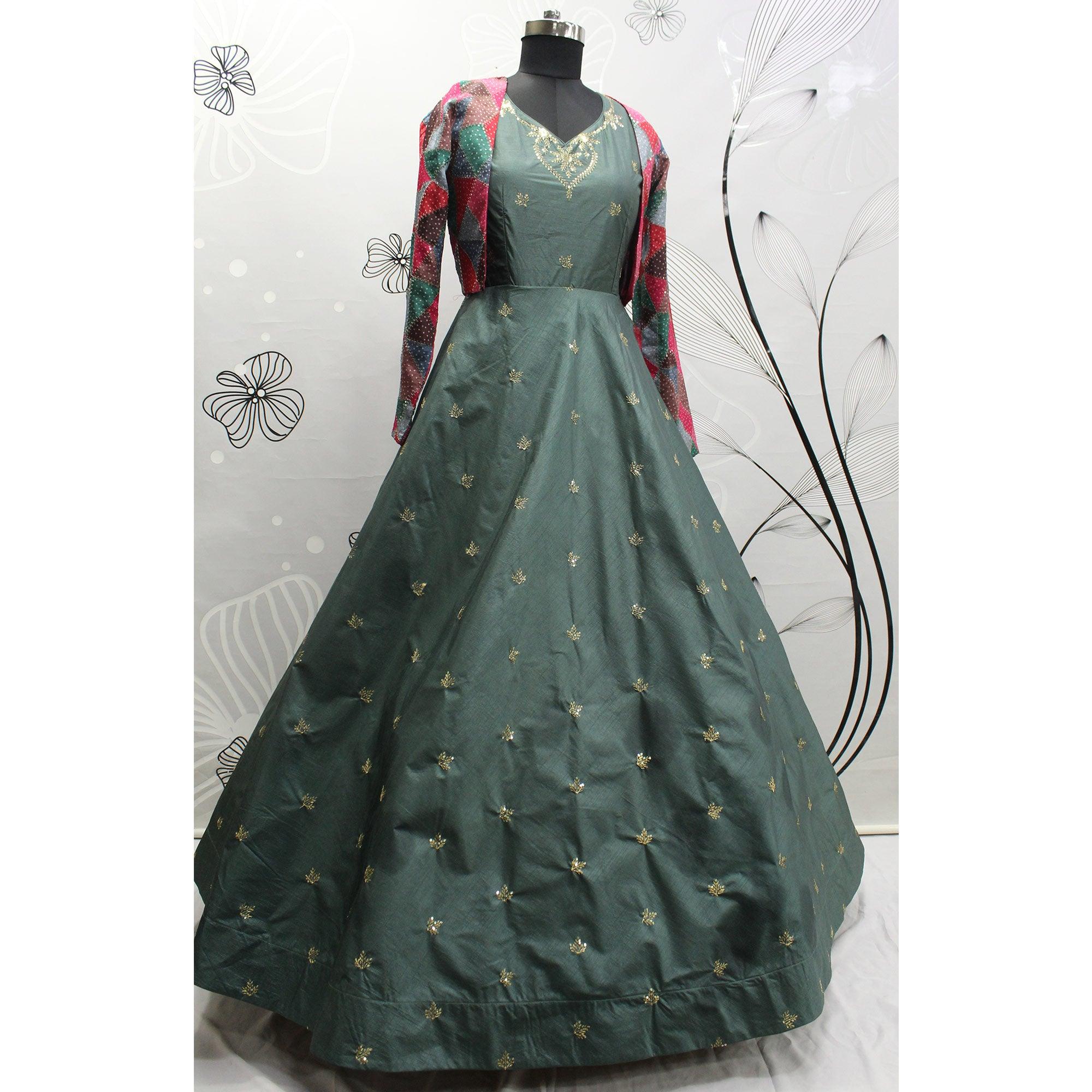 Grey Sequence Embroidered Pure Cotton Gown With Koti - Peachmode