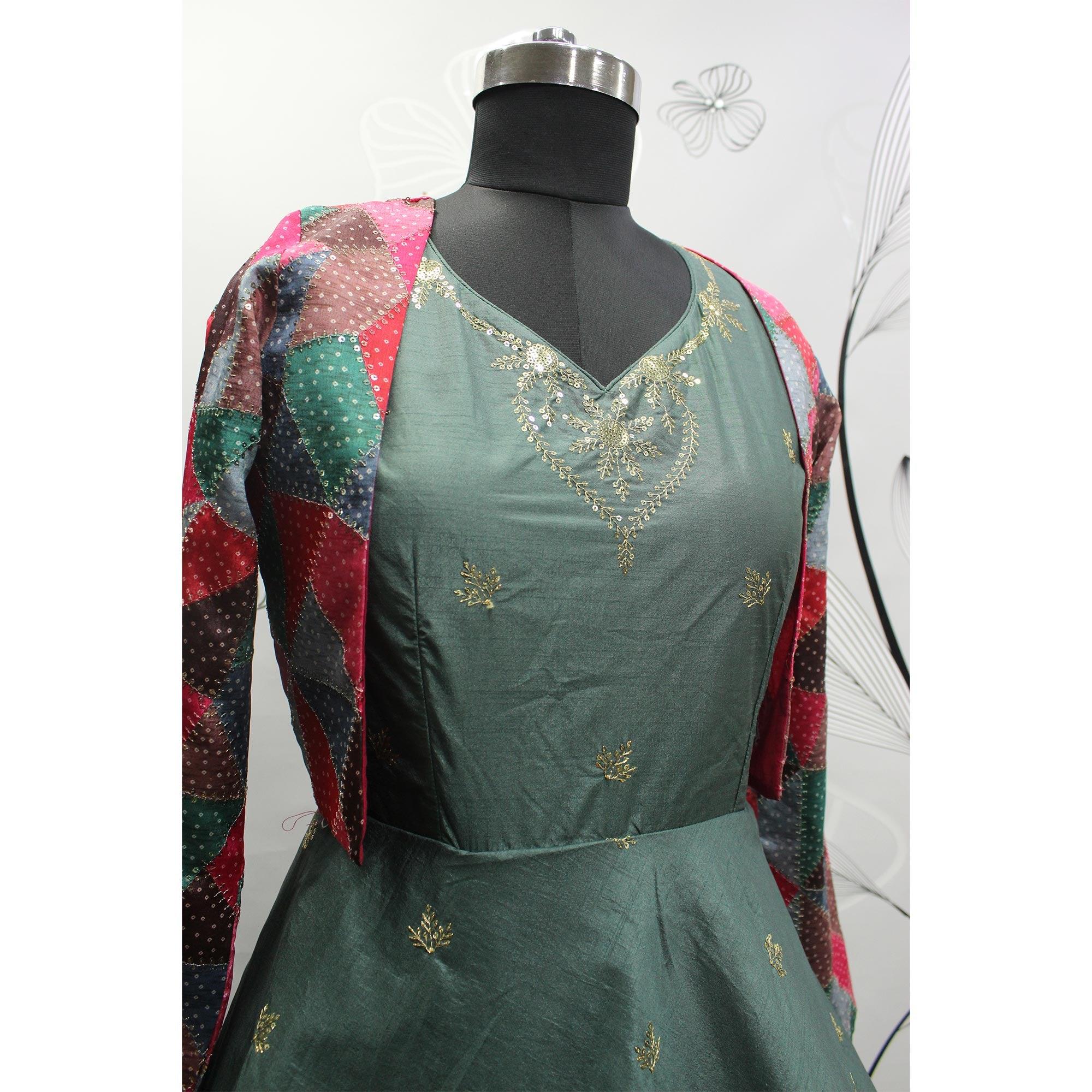 Grey Sequence Embroidered Pure Cotton Gown With Koti - Peachmode