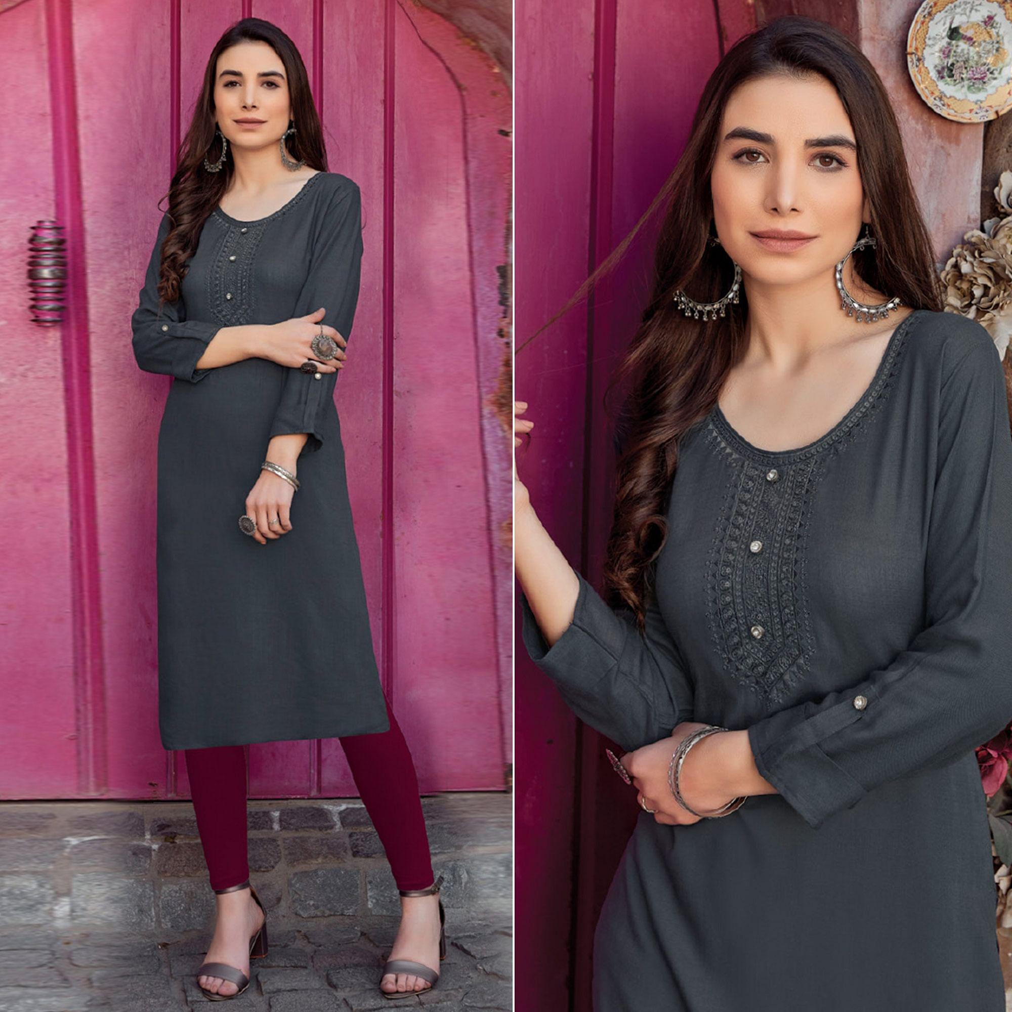 Grey Sequence Embroidered Pure Cotton Kurti - Peachmode