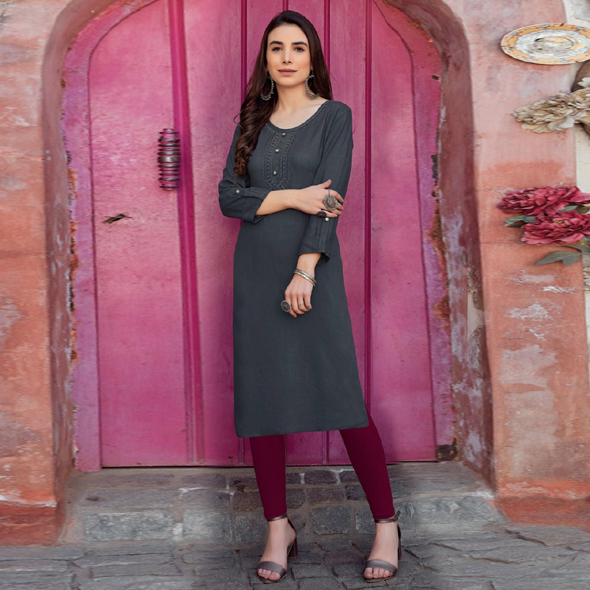 Grey Sequence Embroidered Pure Cotton Kurti - Peachmode