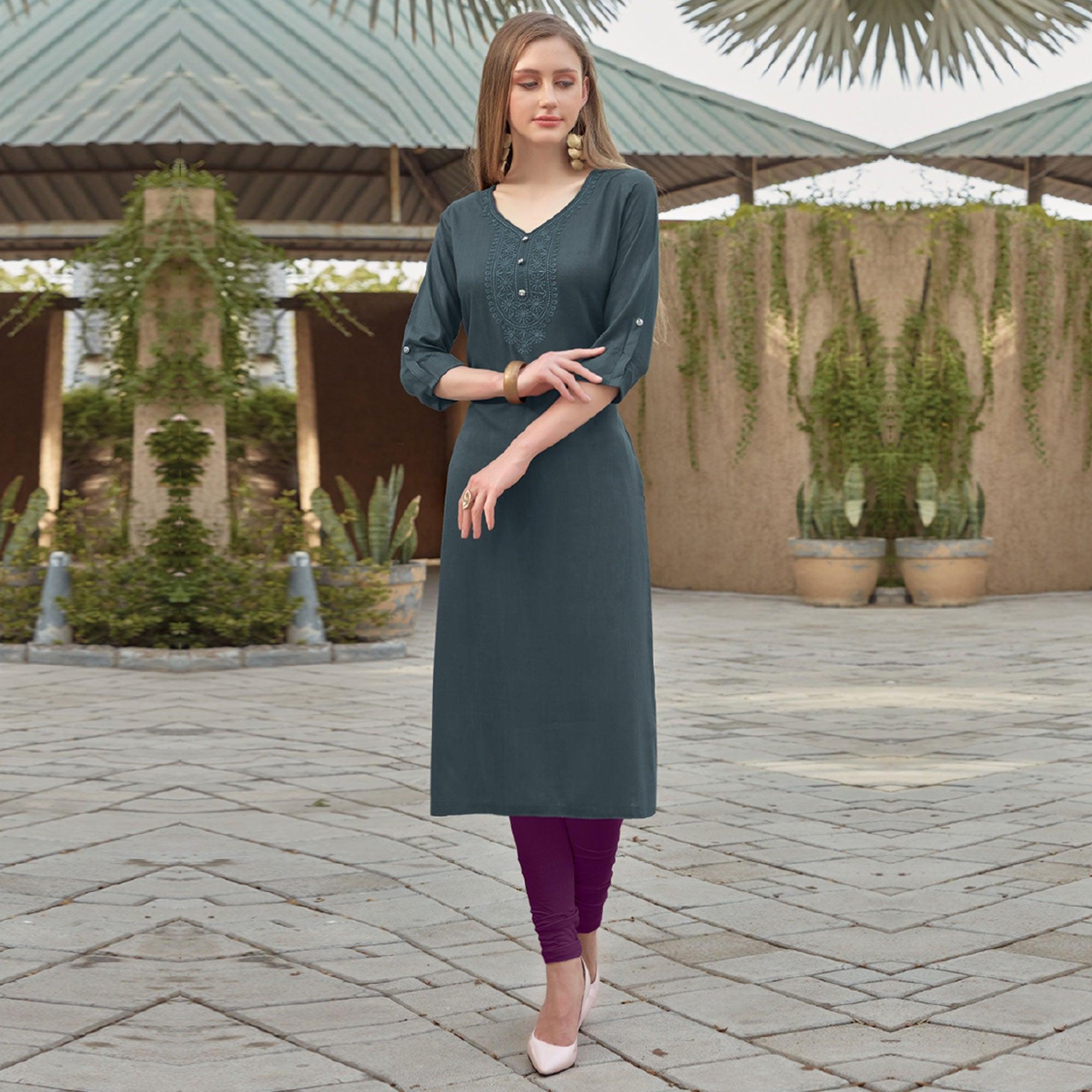 Grey Sequence Embroidered Rayon Kurti - Peachmode