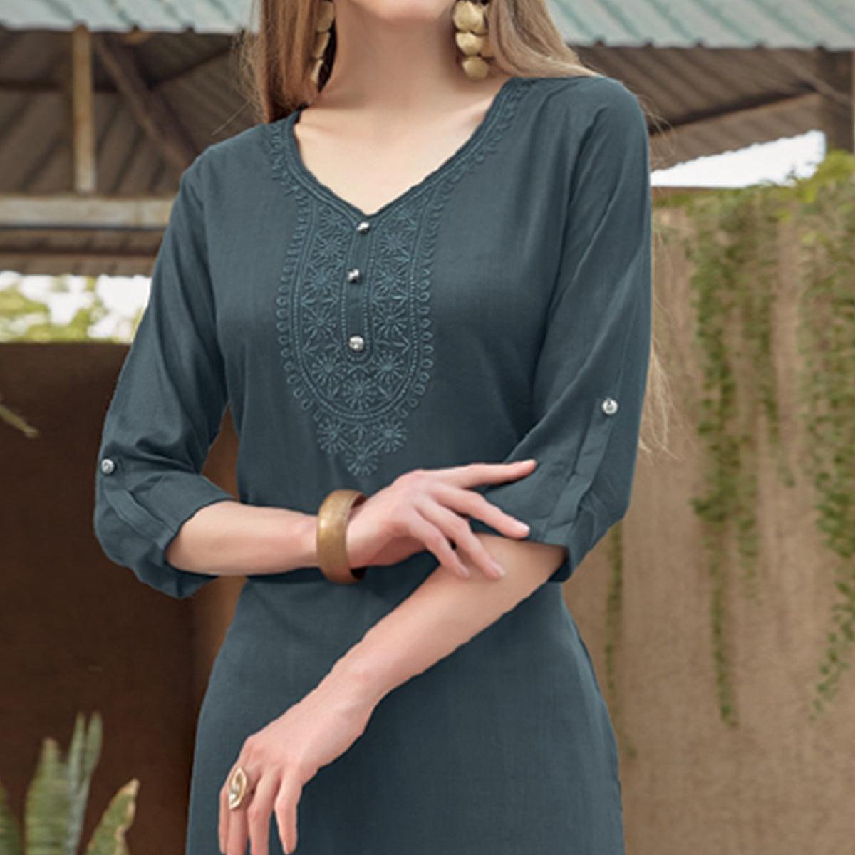 Grey Sequence Embroidered Rayon Kurti - Peachmode