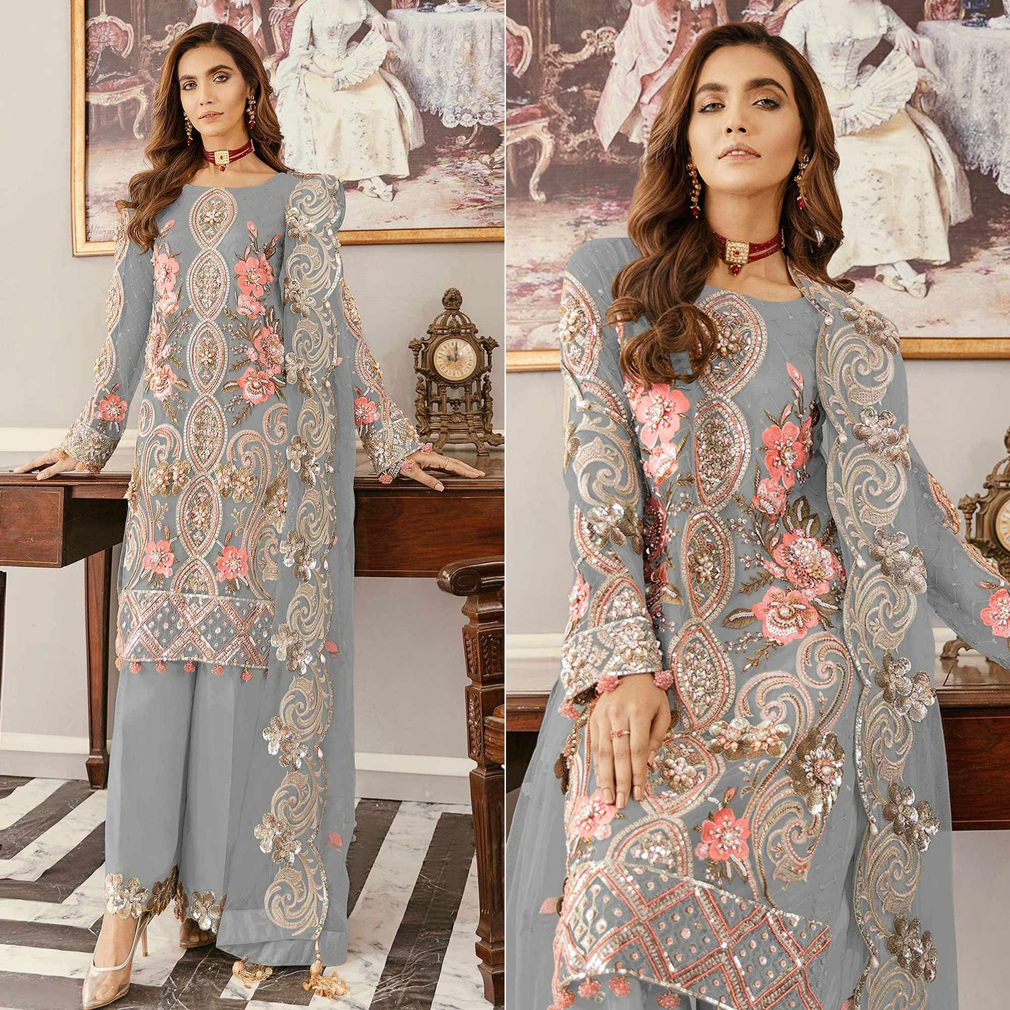 Grey Sequence Embroidered Soft Net Partywear Pakistani Suit - Peachmode