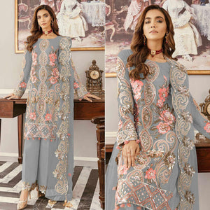 Grey Sequence Embroidered Soft Net Partywear Pakistani Suit - Peachmode