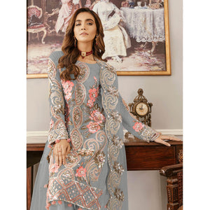 Grey Sequence Embroidered Soft Net Partywear Pakistani Suit - Peachmode
