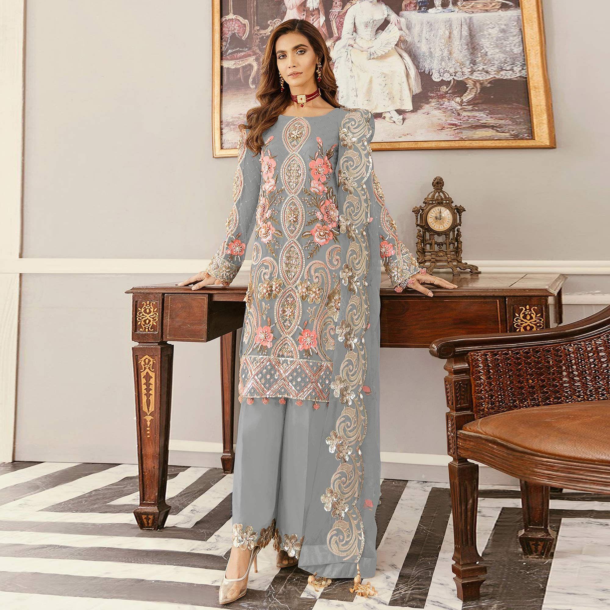 Grey Sequence Embroidered Soft Net Partywear Pakistani Suit - Peachmode