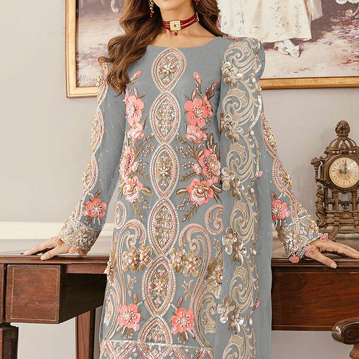 Grey Sequence Embroidered Soft Net Partywear Pakistani Suit - Peachmode