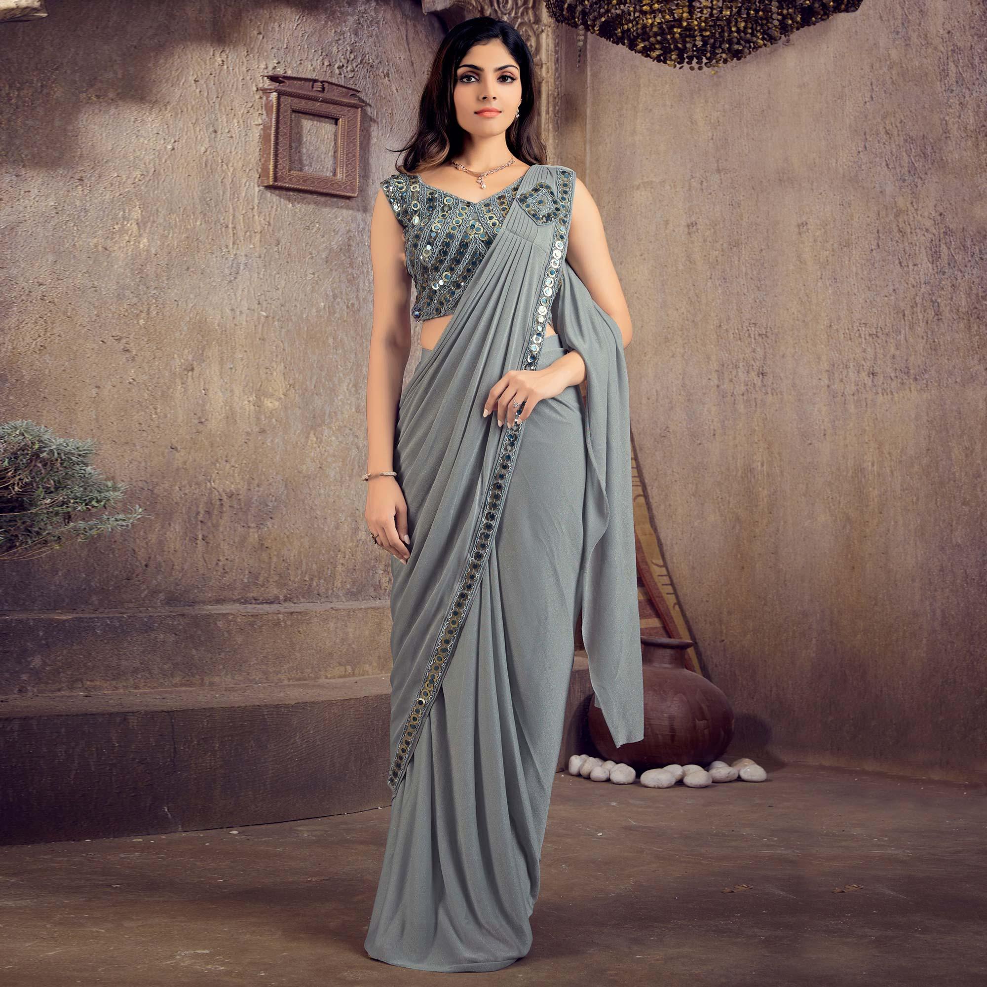 Grey Sequence Embroidered Stitched Art Silk Saree - Peachmode