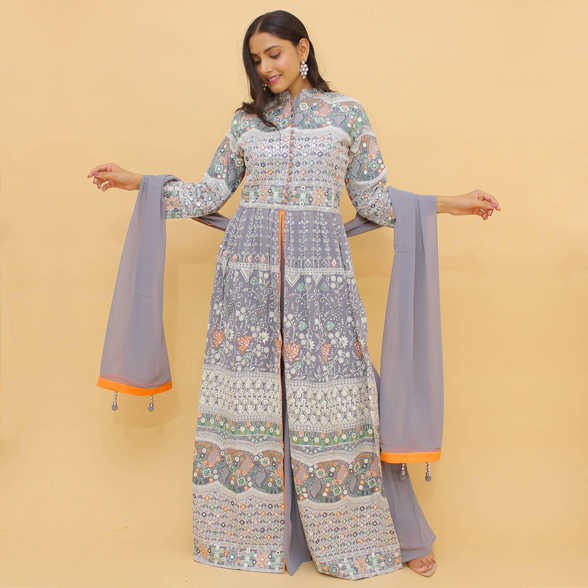 Grey Sequence Floral Embroidered Georgette Partywear Suit - Peachmode