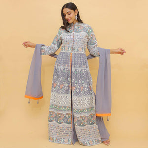 Grey Sequence Floral Embroidered Georgette Partywear Suit - Peachmode