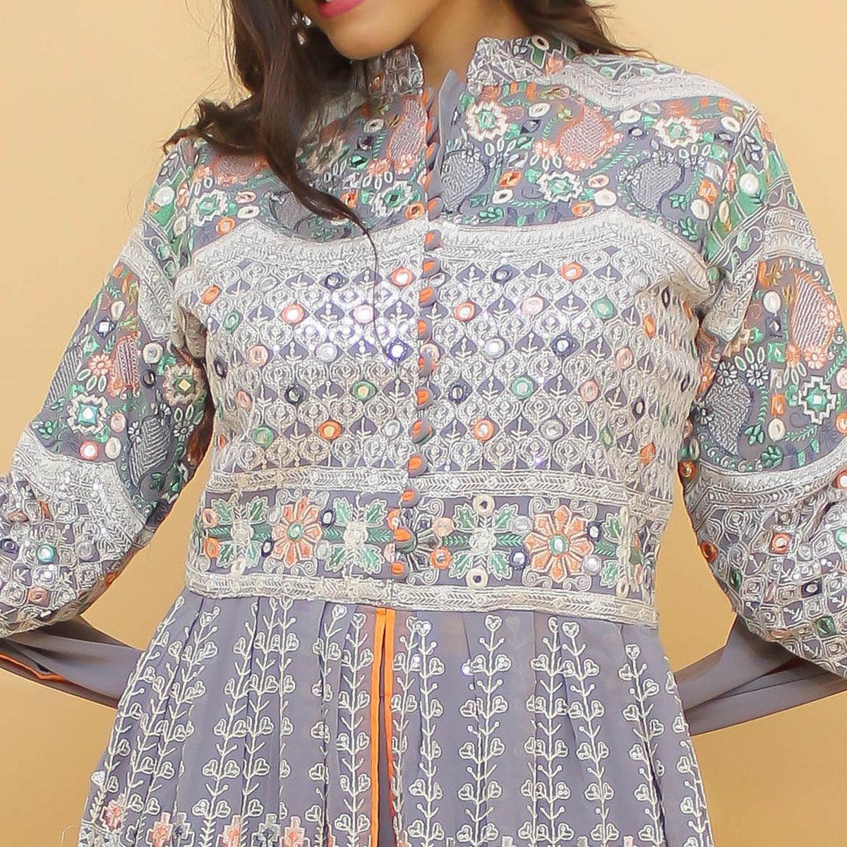 Grey Sequence Floral Embroidered Georgette Partywear Suit - Peachmode