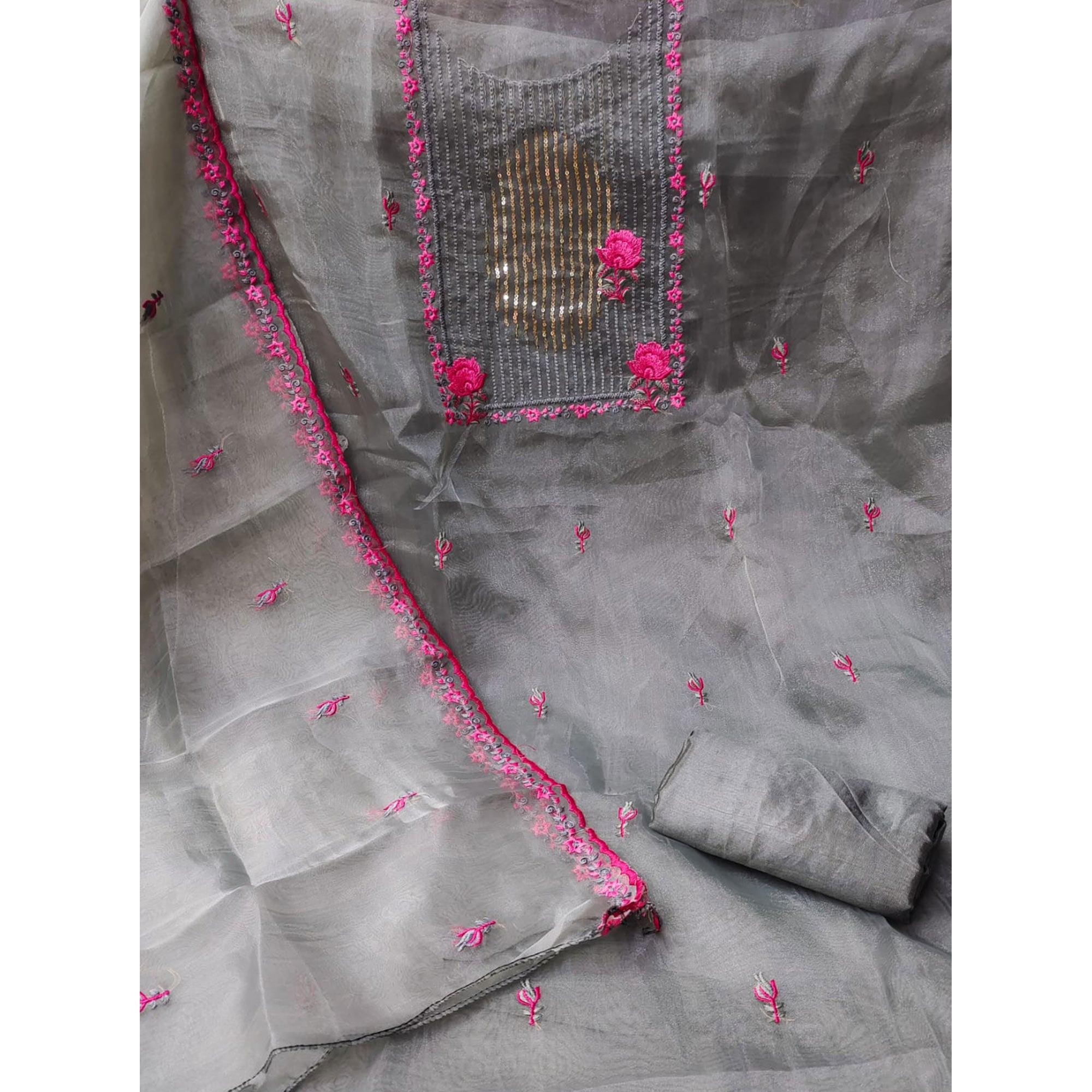 Grey Sequence Floral Embroidered Organza Dress Material - Peachmode