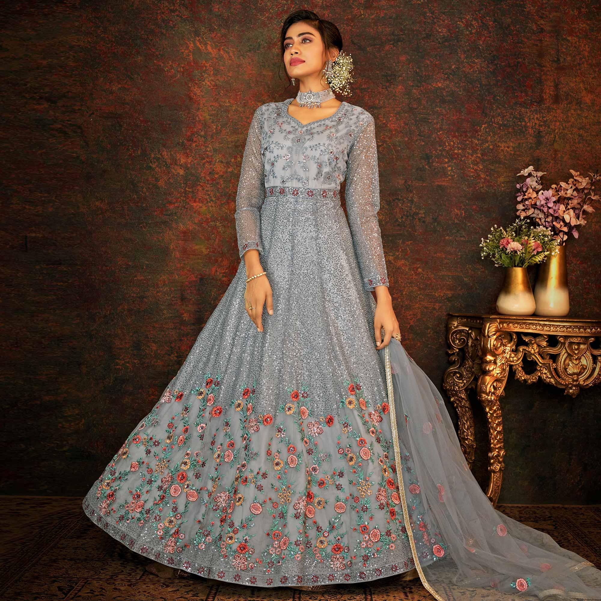 Grey Sequence Floral Enbroidered Net Partywear Gown - Peachmode