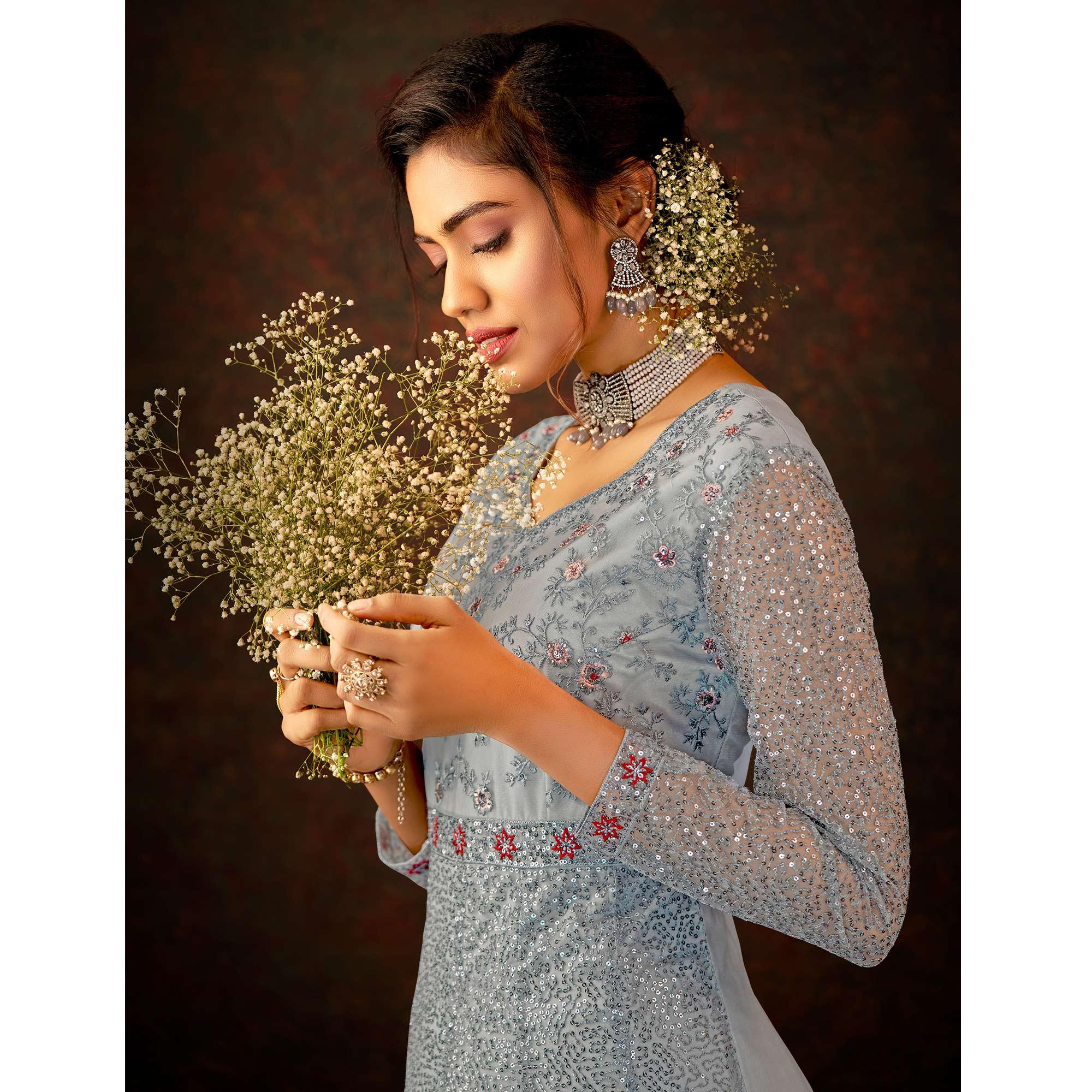 Grey Sequence Floral Enbroidered Net Partywear Gown - Peachmode