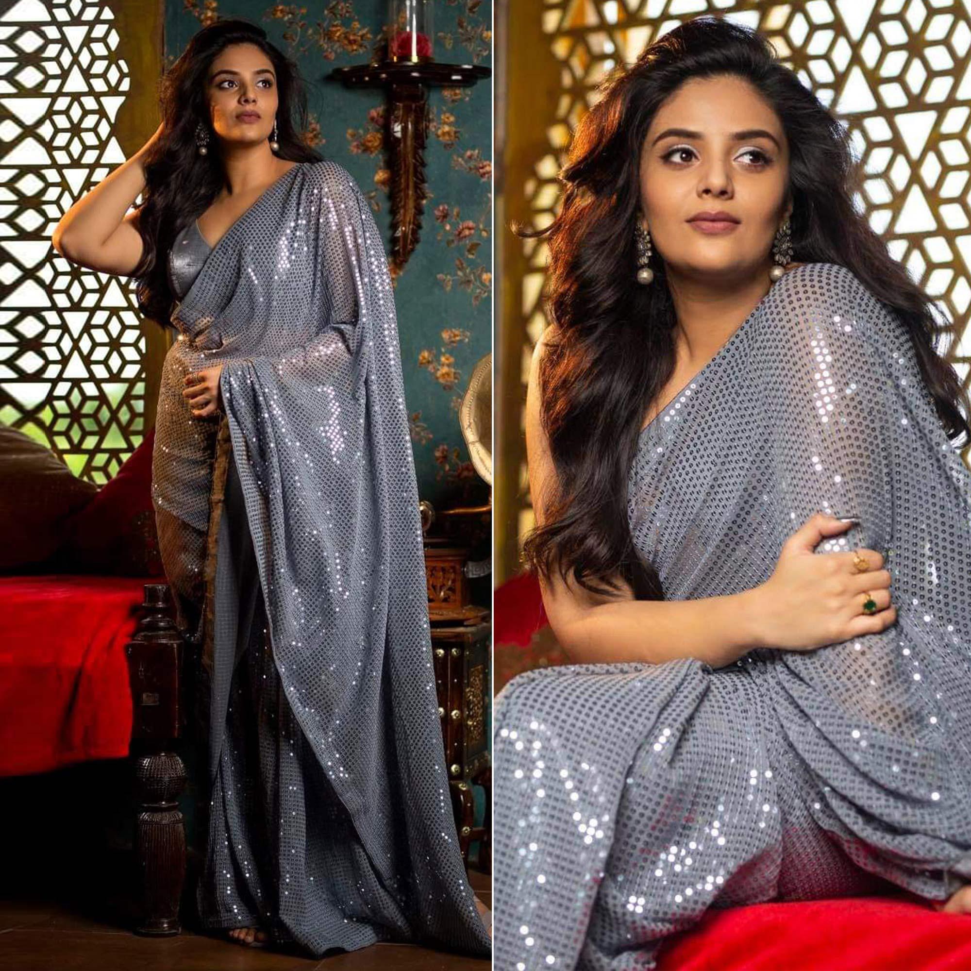Grey Sequence Work Georgette Saree - Peachmode