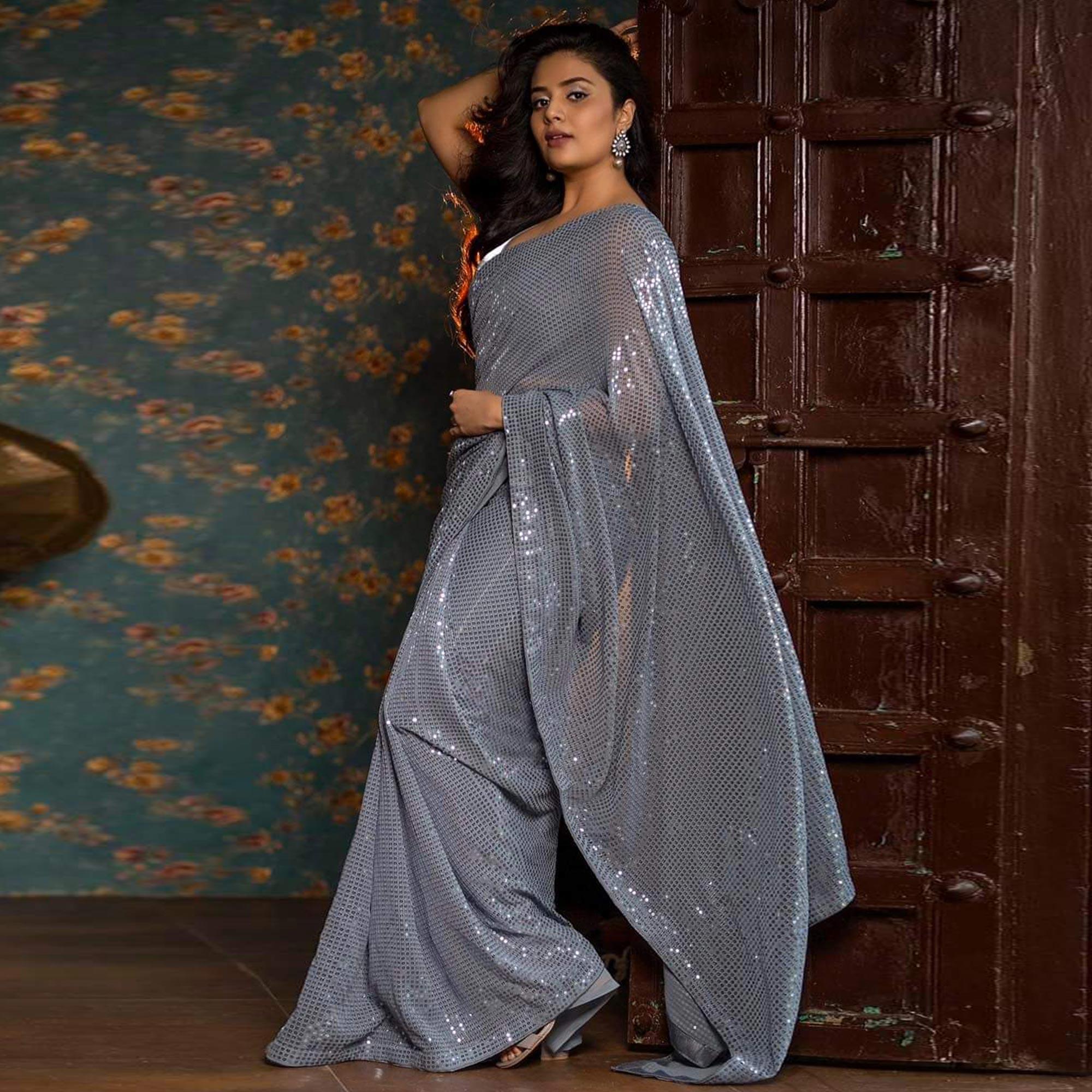 Grey Sequence Work Georgette Saree - Peachmode