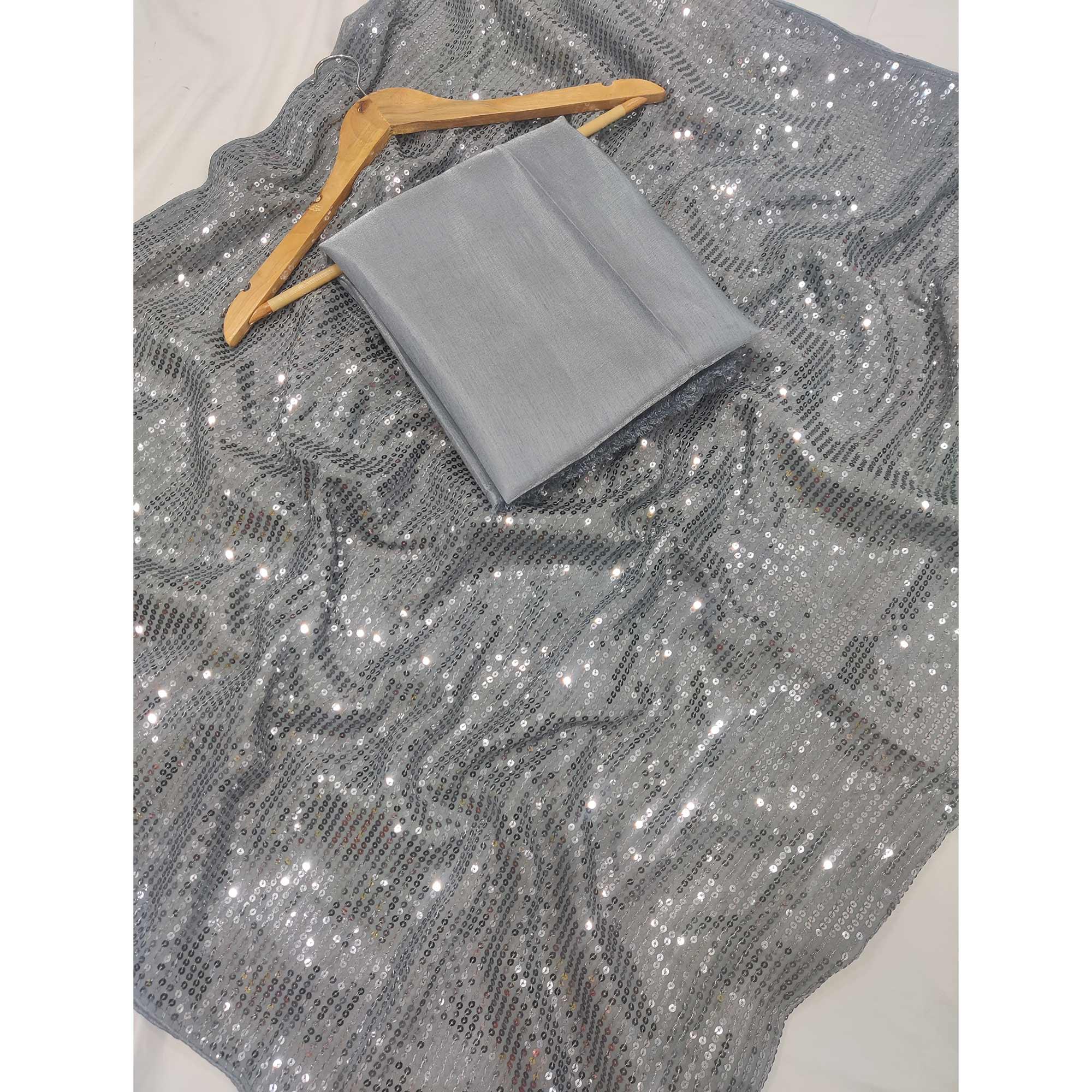 Grey Sequence Work Georgette Saree - Peachmode