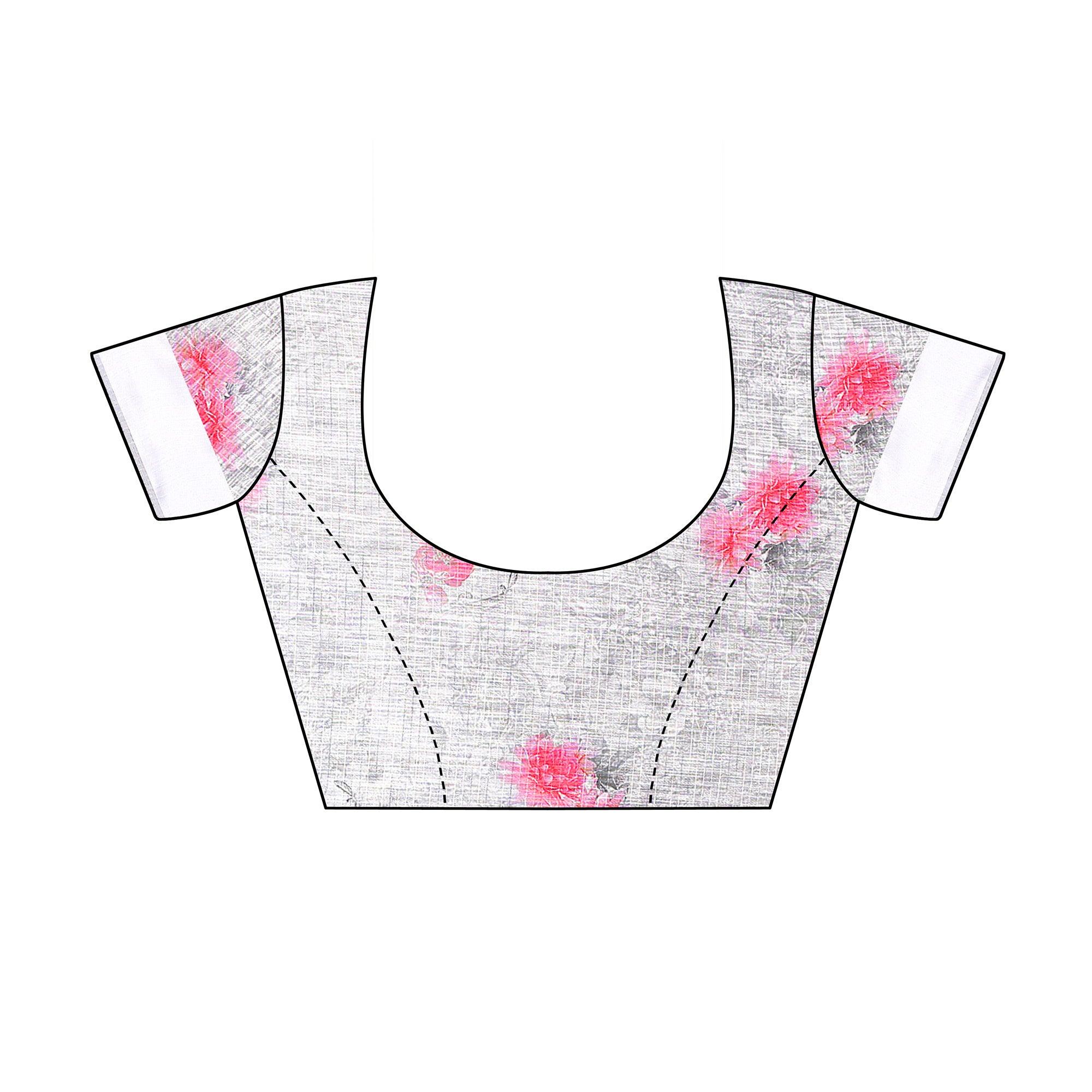 Grey-Silver Casual Wear Floral Digital Printed Linen Slub saree - Peachmode