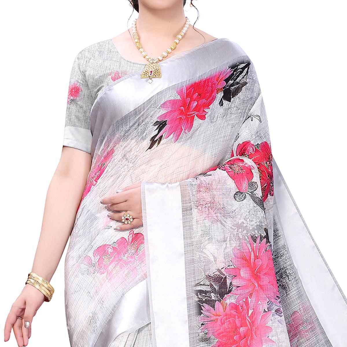 Grey-Silver Casual Wear Floral Digital Printed Linen Slub saree - Peachmode