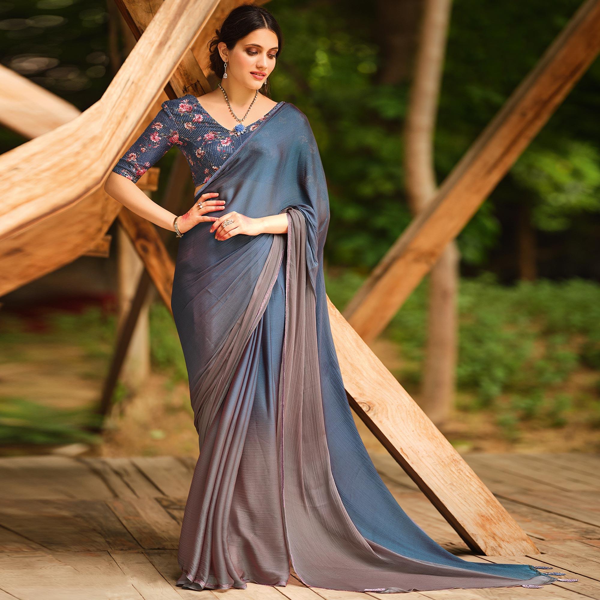 Grey Solid Chiffon Saree - Peachmode