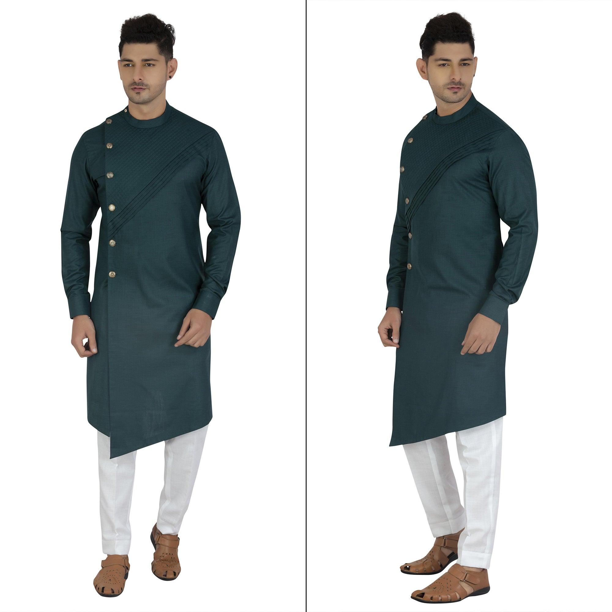 Grey Solid Poly Cotton Men's Kurta Pyjama Set - Peachmode